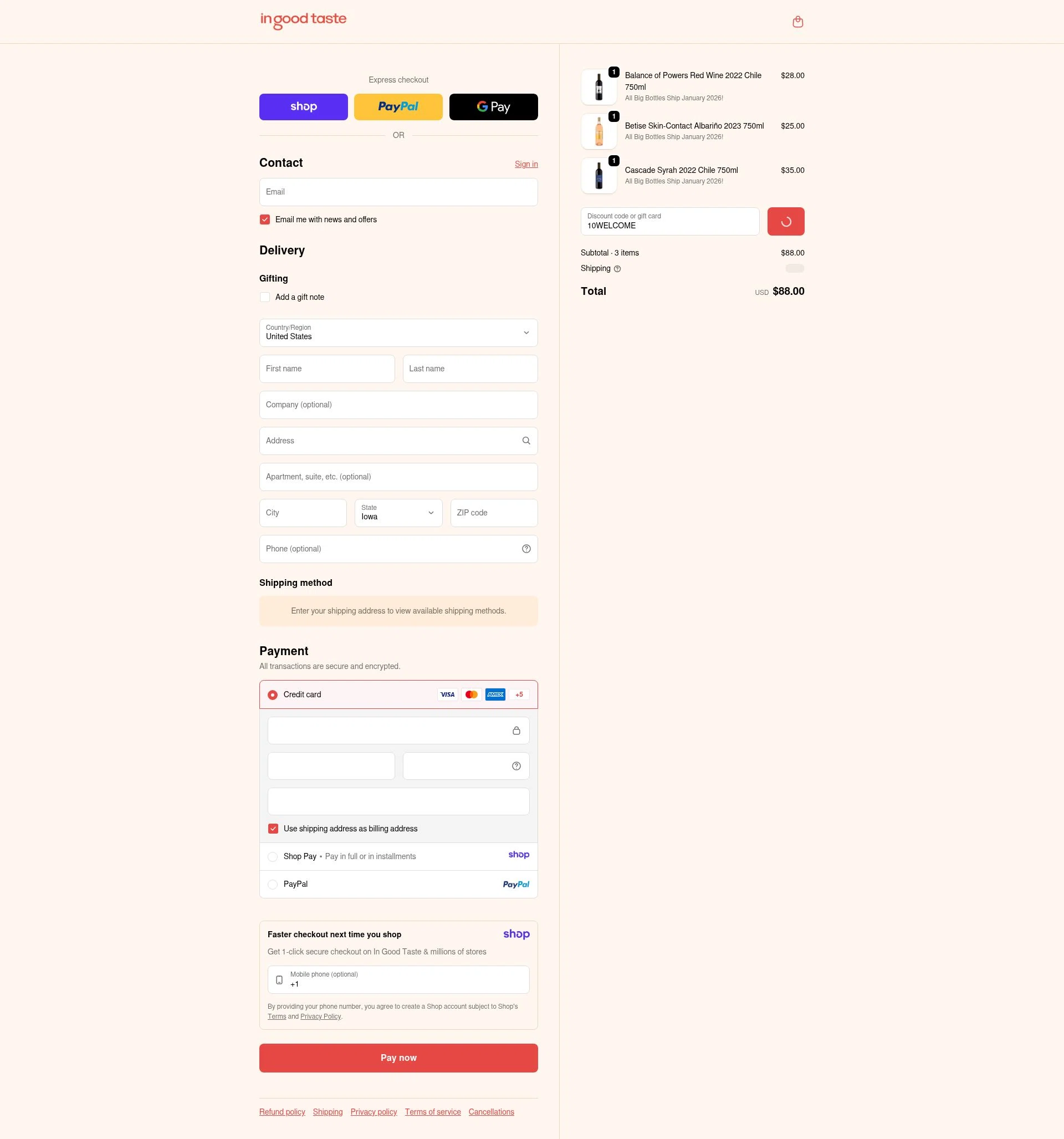 In Good Taste checkout page showing In Good Taste discount code box | Screenshot taken by SimplyCodes community member on Jan 8, 2026