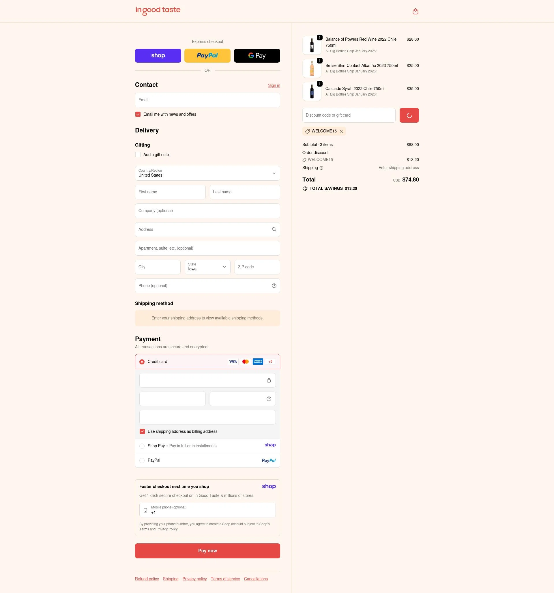 In Good Taste checkout page showing In Good Taste discount code box | Screenshot taken by SimplyCodes community member on Jan 8, 2026