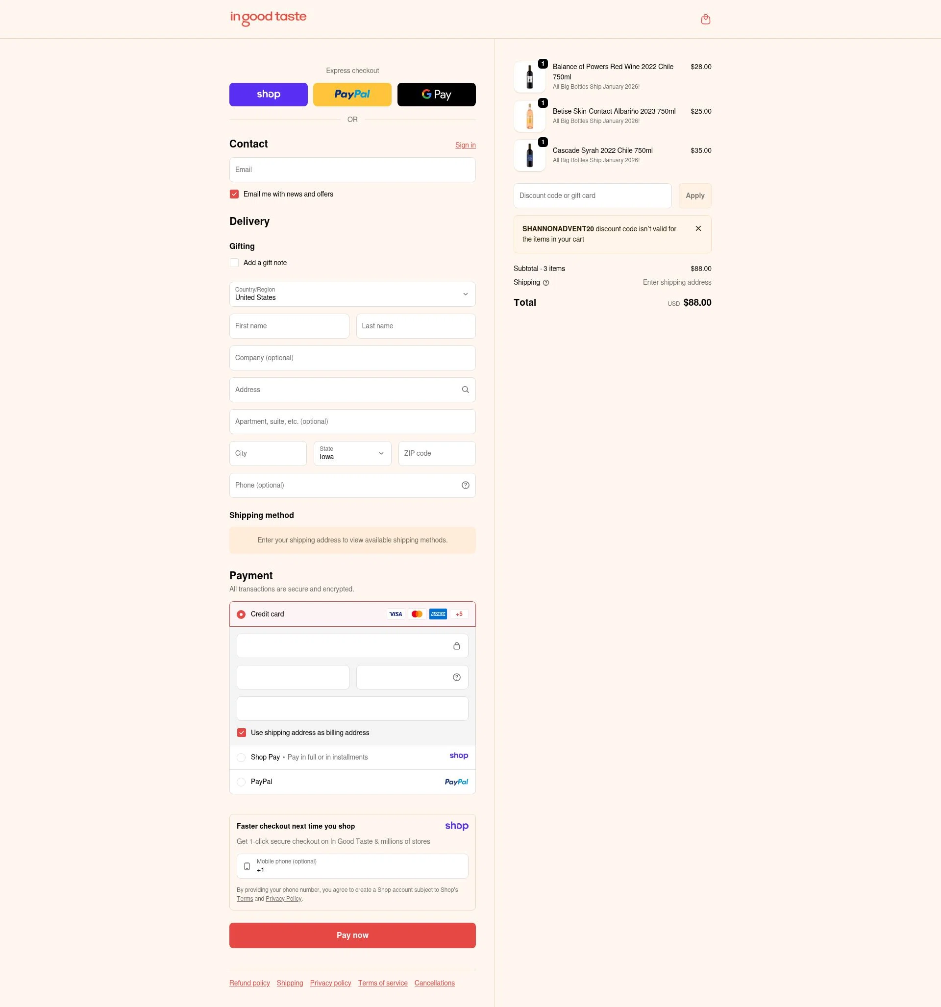 In Good Taste checkout page showing In Good Taste discount code box | Screenshot taken by SimplyCodes community member on Jan 8, 2026