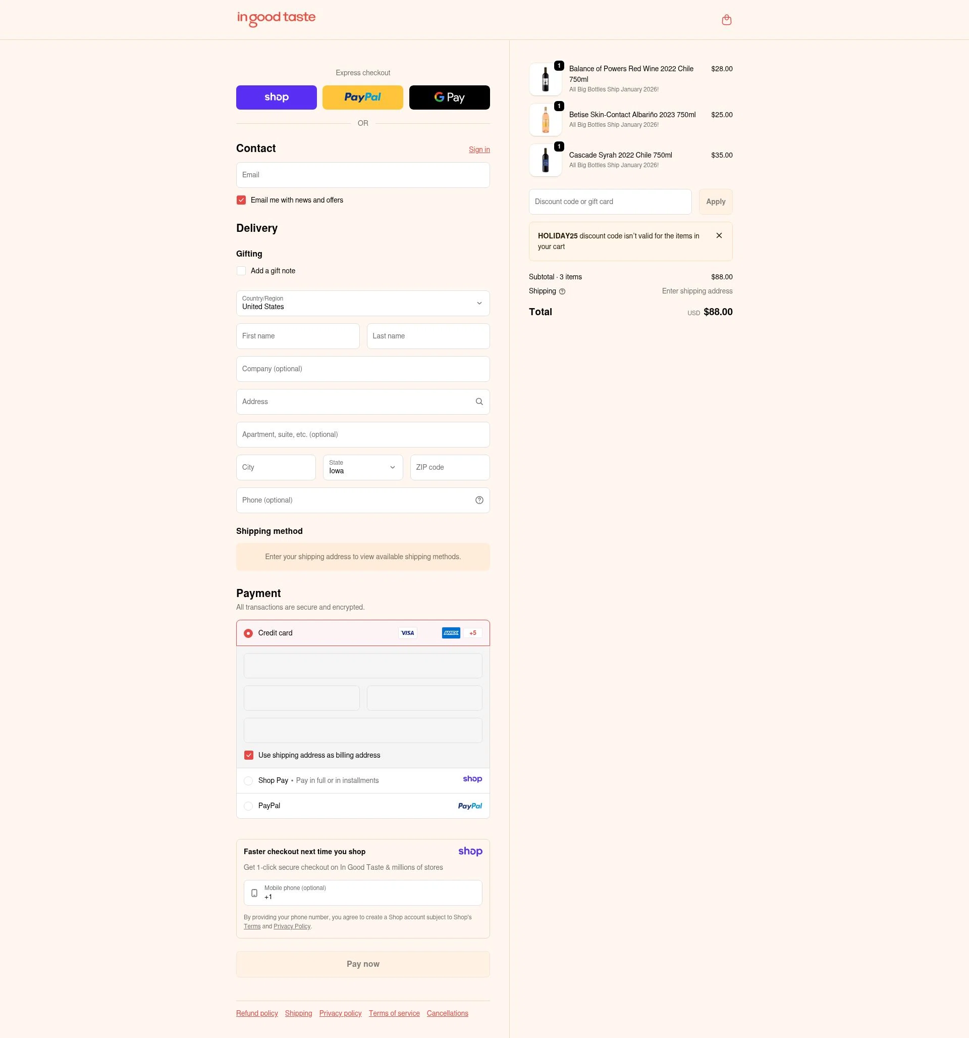 In Good Taste checkout page showing In Good Taste discount code box | Screenshot taken by SimplyCodes community member on Jan 8, 2026