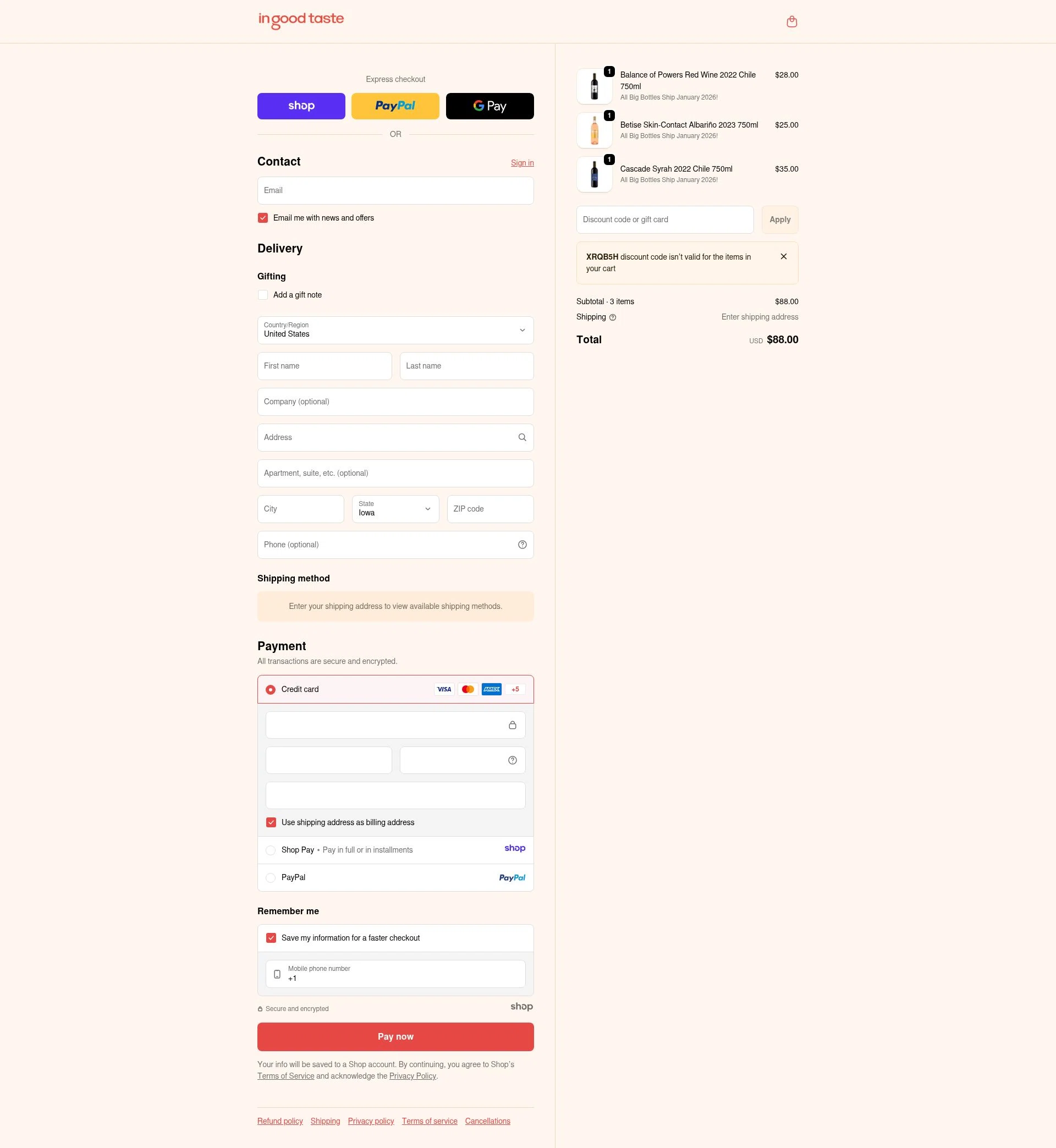In Good Taste checkout page showing In Good Taste discount code box | Screenshot taken by SimplyCodes community member on Jan 8, 2026