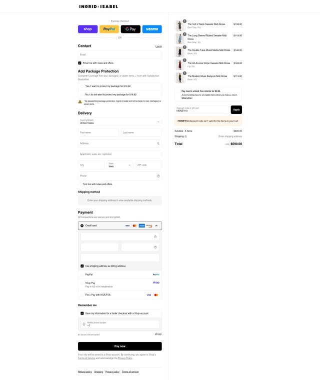 Ingrid+Isabel checkout page showing Ingrid+Isabel promo code box | Screenshot taken by SimplyCodes community member on Sep 7, 2025