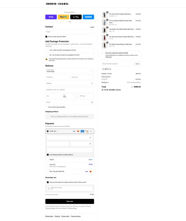 Ingrid+Isabel checkout page showing Ingrid+Isabel promo code box | Screenshot taken by SimplyCodes community member on Sep 3, 2025
