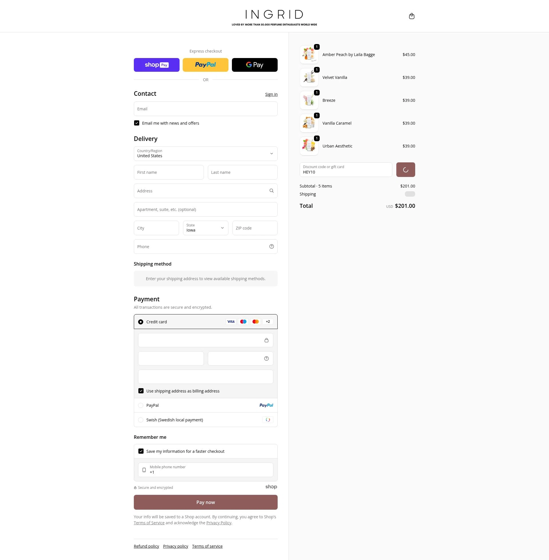 INGRID Perfumes checkout page showing INGRID Perfumes promo code box | Screenshot taken by SimplyCodes community member on Jan 7, 2026