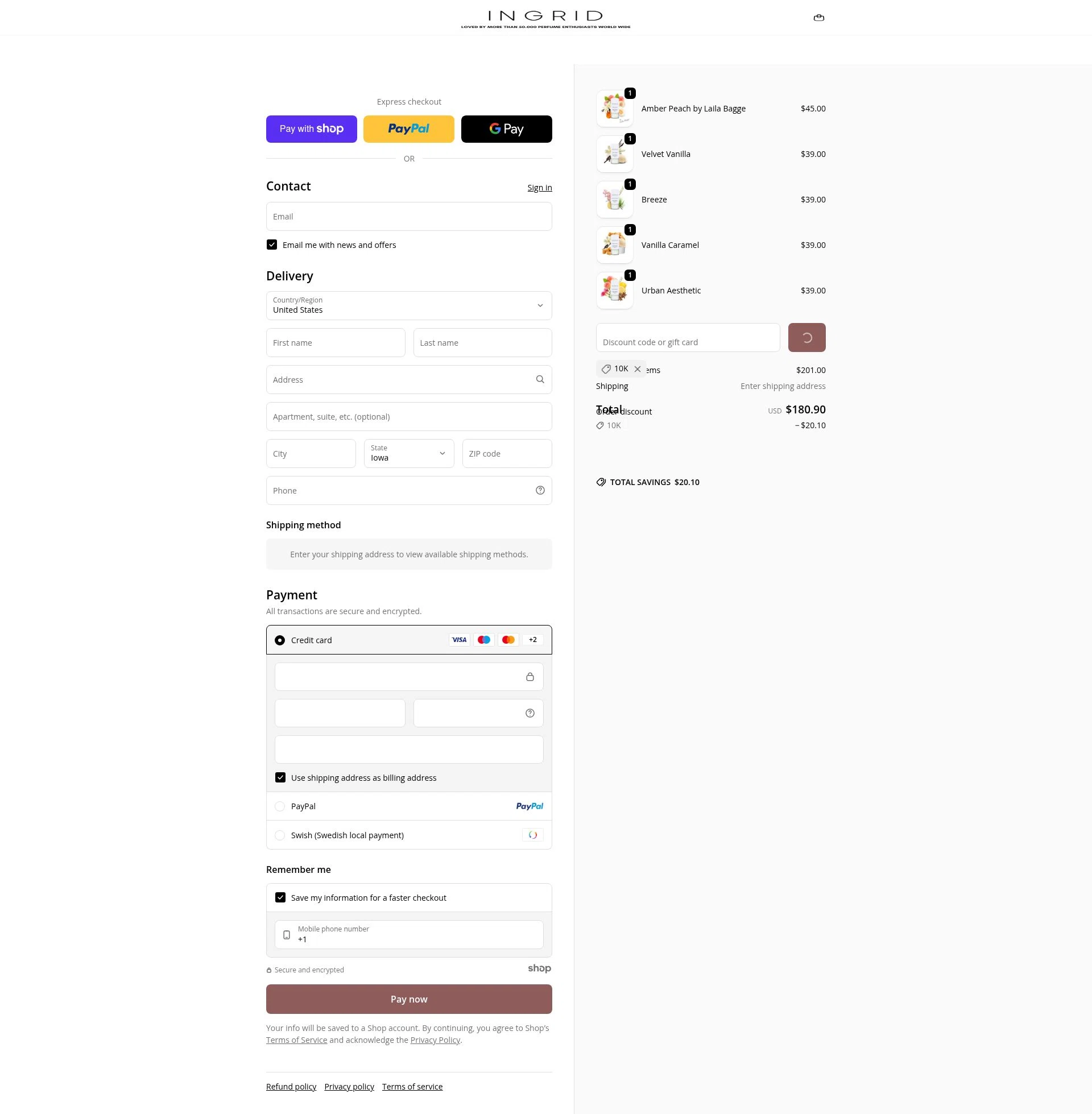 INGRID Perfumes checkout page showing INGRID Perfumes promo code box | Screenshot taken by SimplyCodes community member on Jan 7, 2026
