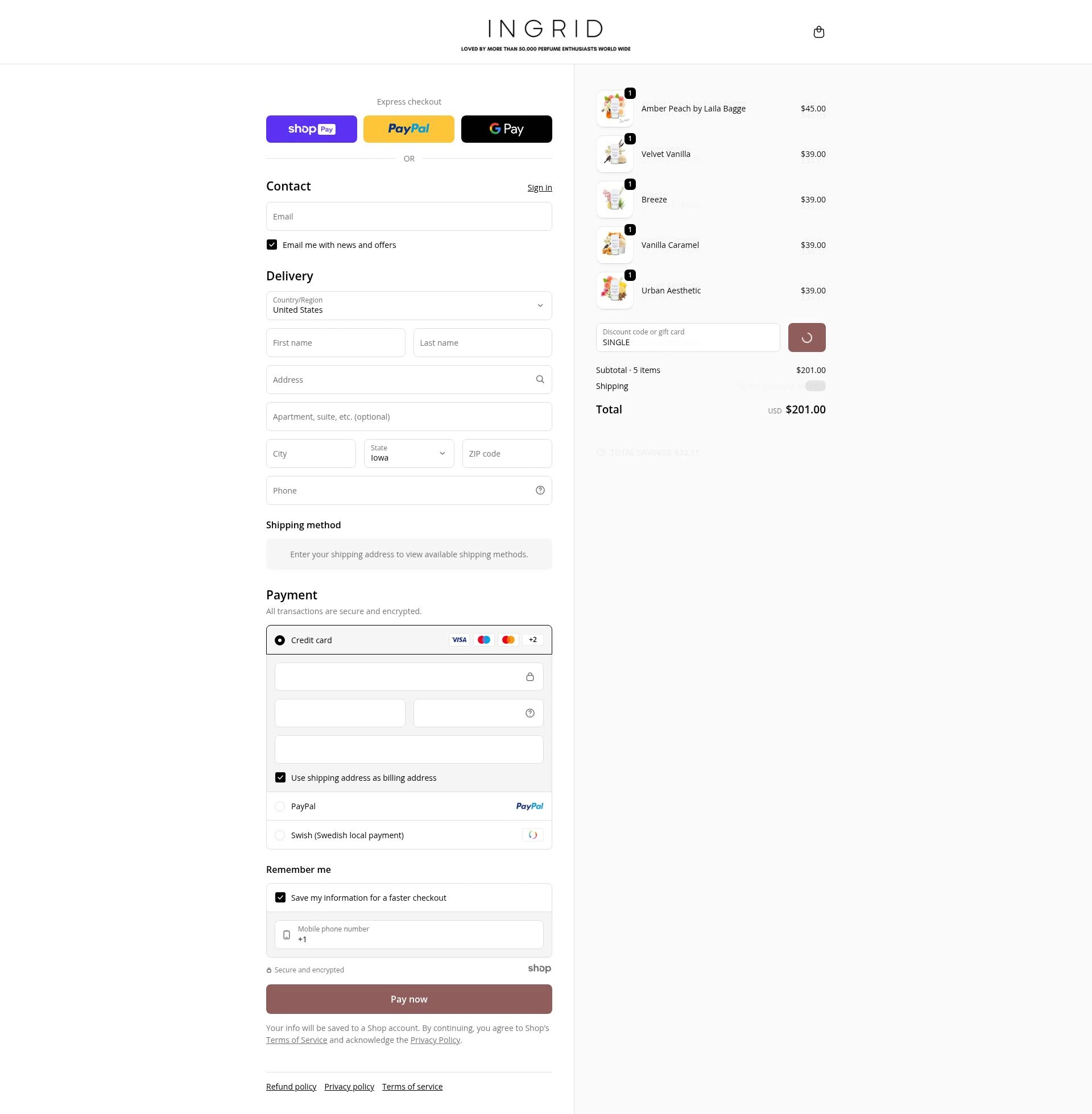 INGRID Perfumes checkout page showing INGRID Perfumes promo code box | Screenshot taken by SimplyCodes community member on Jan 7, 2026
