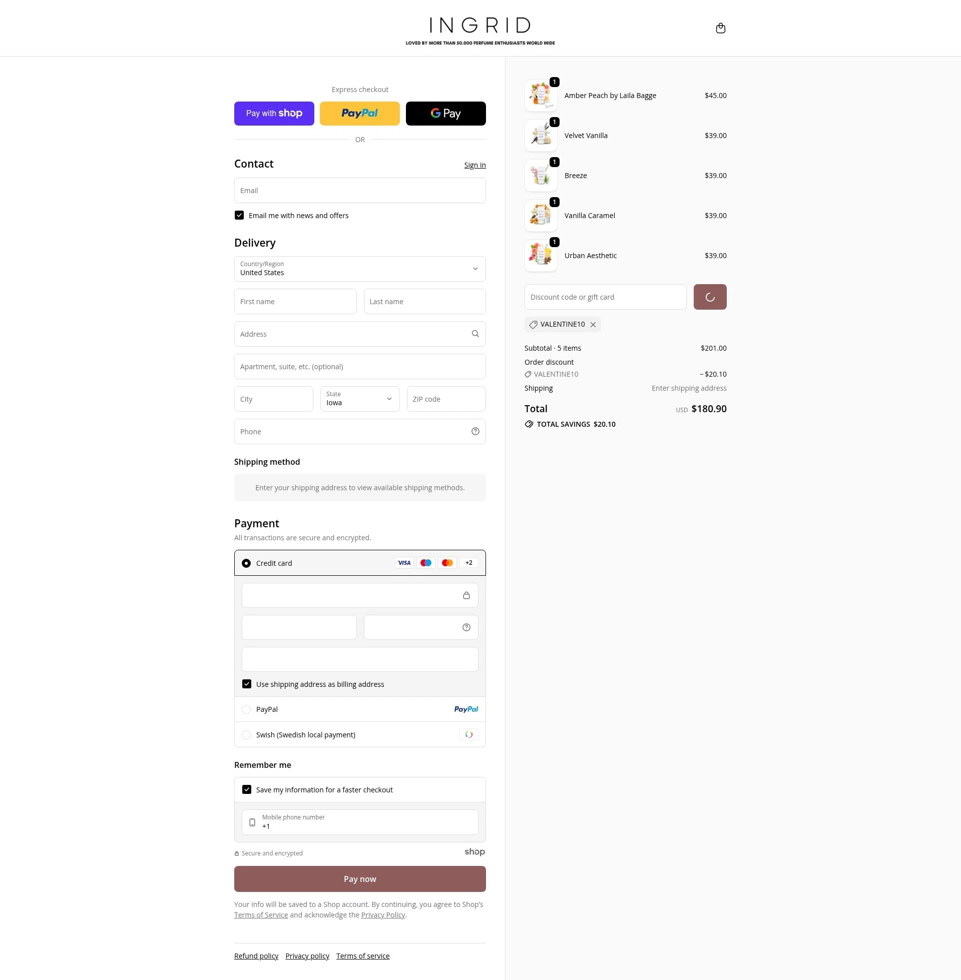 INGRID Perfumes checkout page showing INGRID Perfumes promo code box | Screenshot taken by SimplyCodes community member on Jan 7, 2026
