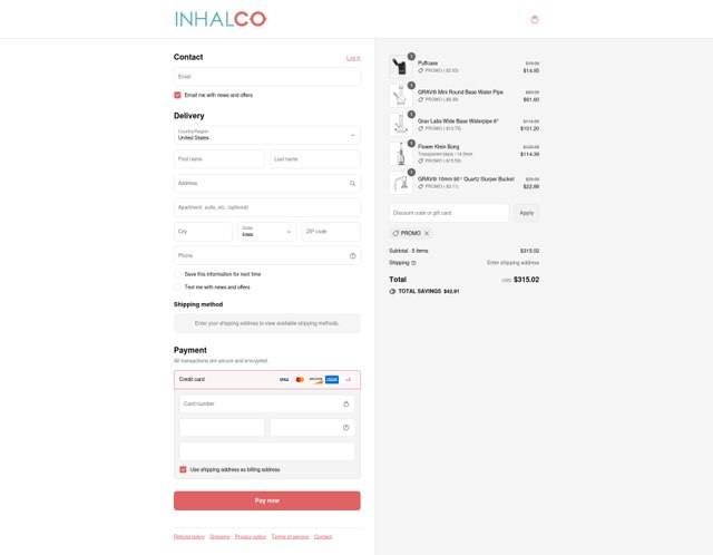 INHALCO checkout page showing INHALCO discount code box | Screenshot taken by SimplyCodes community member on Sep 5, 2025
