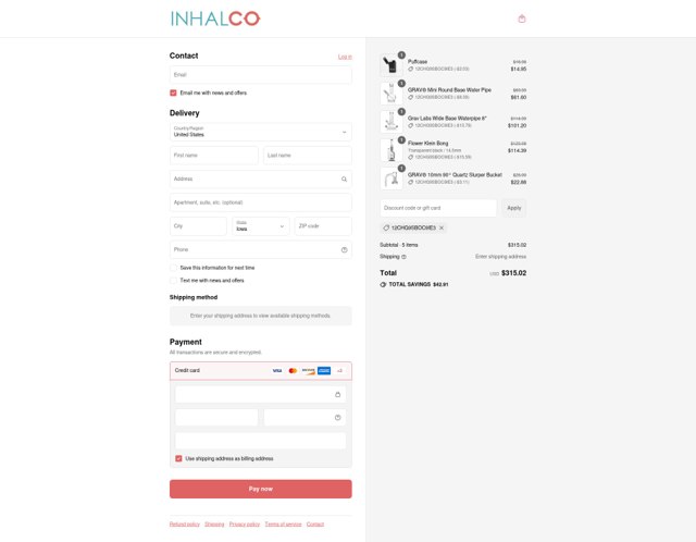 INHALCO checkout page showing INHALCO discount code box | Screenshot taken by SimplyCodes community member on Sep 5, 2025