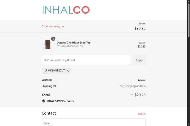 INHALCO checkout page showing INHALCO discount code box | Screenshot taken by SimplyCodes community member on Sep 5, 2025