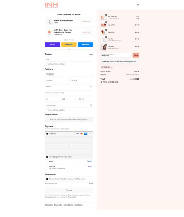 INH Hair checkout page showing INH Hair promo code box | Screenshot taken by SimplyCodes community member on Sep 10, 2025