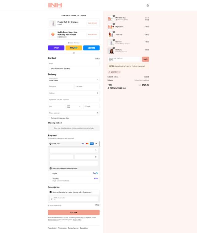 INH Hair checkout page showing INH Hair promo code box | Screenshot taken by SimplyCodes community member on Sep 10, 2025