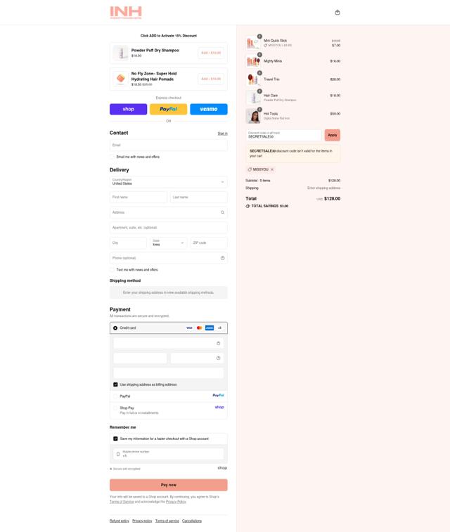 INH Hair checkout page showing INH Hair promo code box | Screenshot taken by SimplyCodes community member on Sep 10, 2025