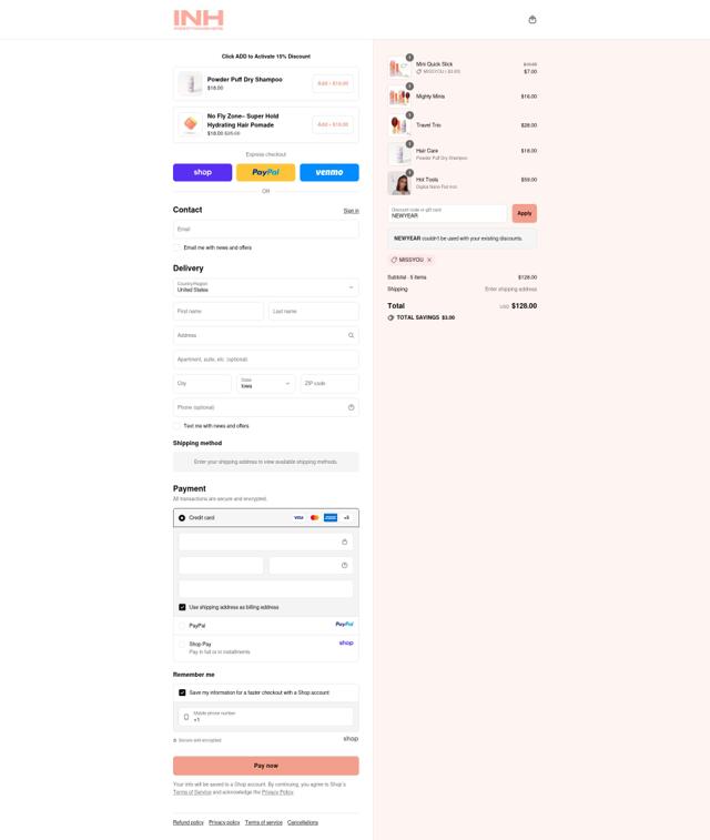 INH Hair checkout page showing INH Hair promo code box | Screenshot taken by SimplyCodes community member on Sep 10, 2025