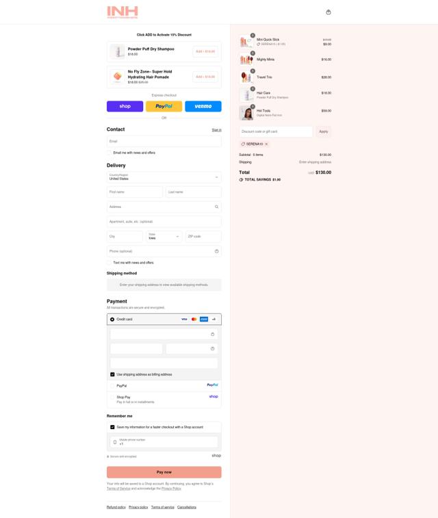 INH Hair checkout page showing INH Hair promo code box | Screenshot taken by SimplyCodes community member on Sep 10, 2025