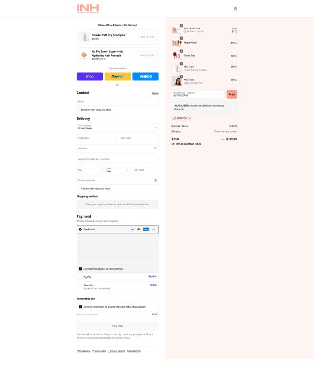 INH Hair checkout page showing INH Hair promo code box | Screenshot taken by SimplyCodes community member on Sep 10, 2025
