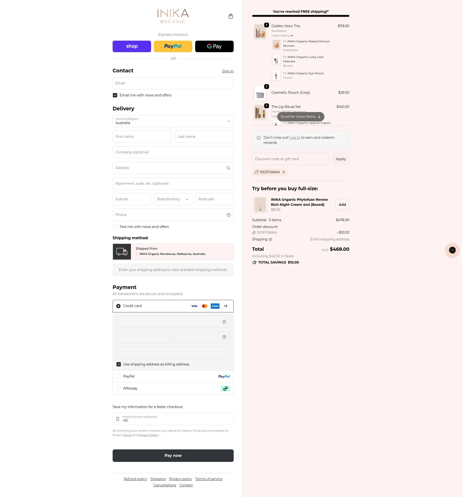 INIKA checkout page showing INIKA promo code box | Screenshot taken by SimplyCodes community member on Feb 9, 2026