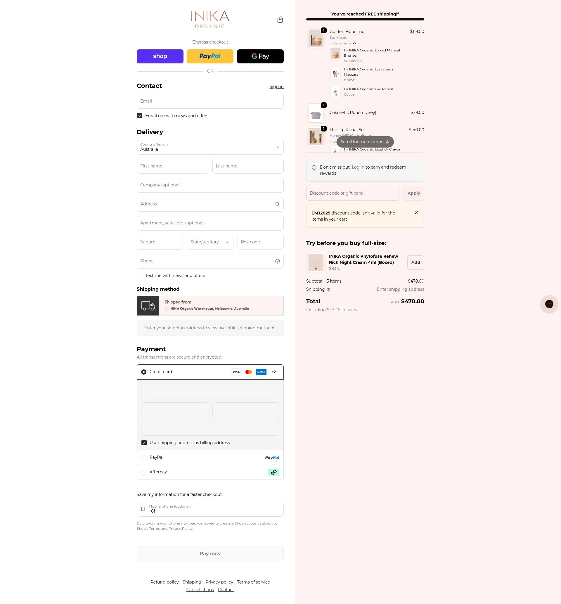 INIKA checkout page showing INIKA promo code box | Screenshot taken by SimplyCodes community member on Feb 11, 2026