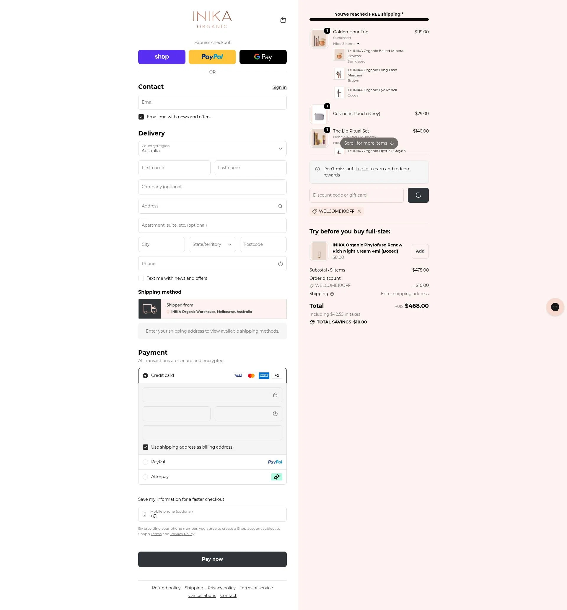 INIKA checkout page showing INIKA promo code box | Screenshot taken by SimplyCodes community member on Feb 1, 2026