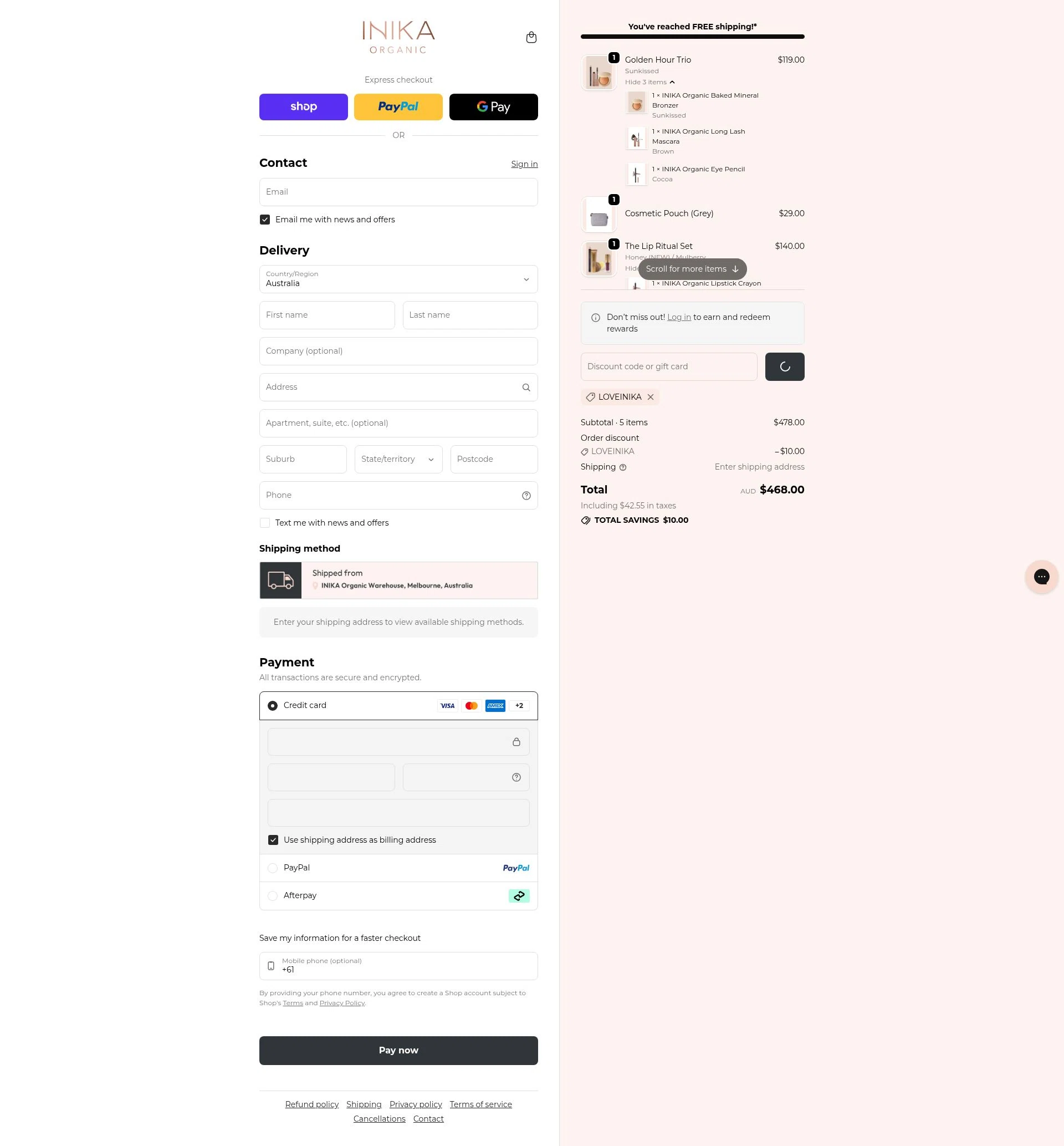 INIKA checkout page showing INIKA promo code box | Screenshot taken by SimplyCodes community member on Feb 9, 2026