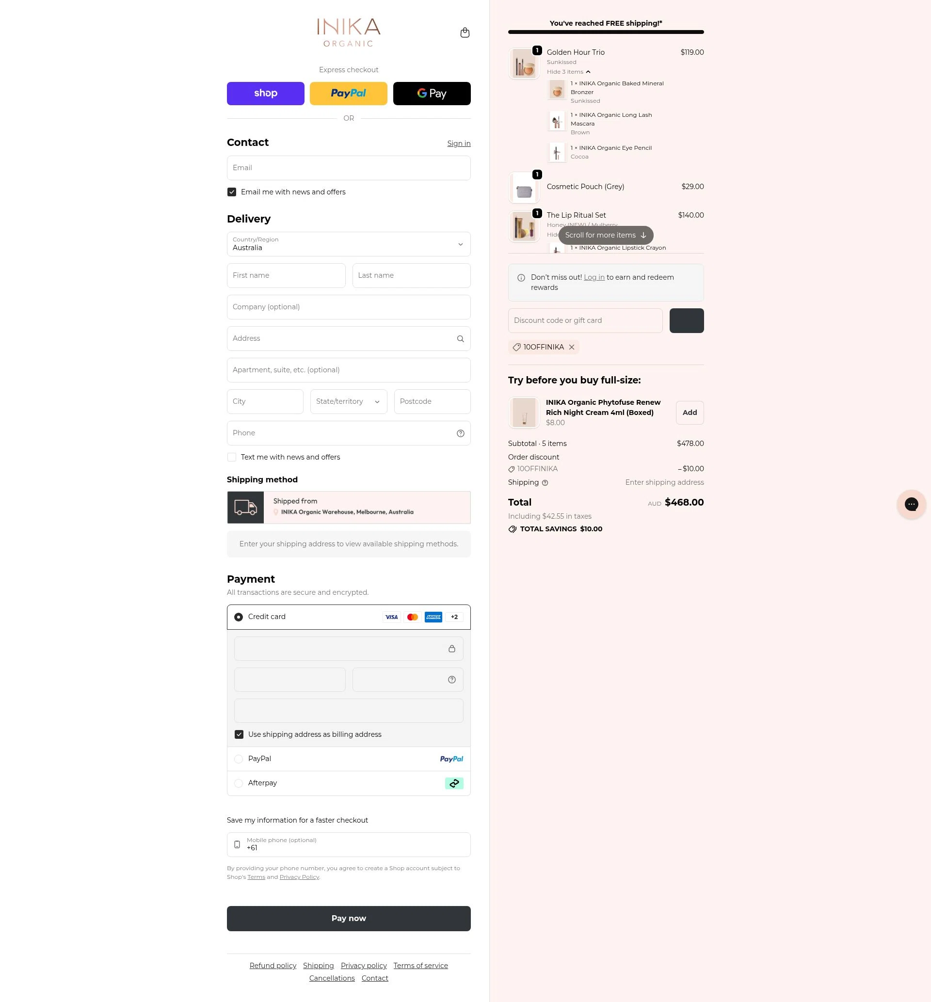 INIKA checkout page showing INIKA promo code box | Screenshot taken by SimplyCodes community member on Feb 1, 2026