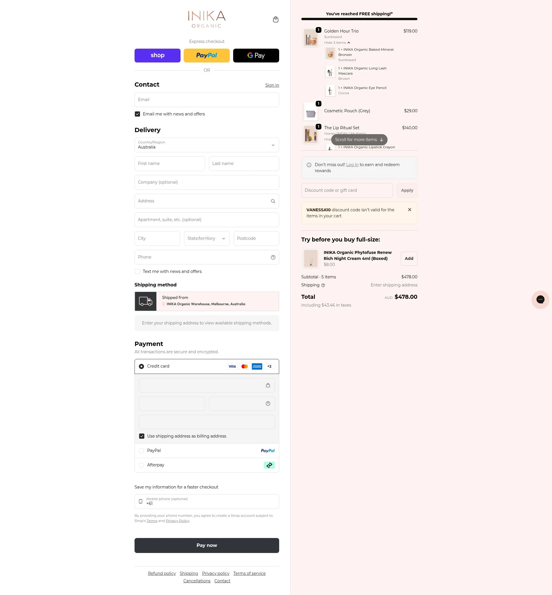 INIKA checkout page showing INIKA promo code box | Screenshot taken by SimplyCodes community member on Feb 1, 2026