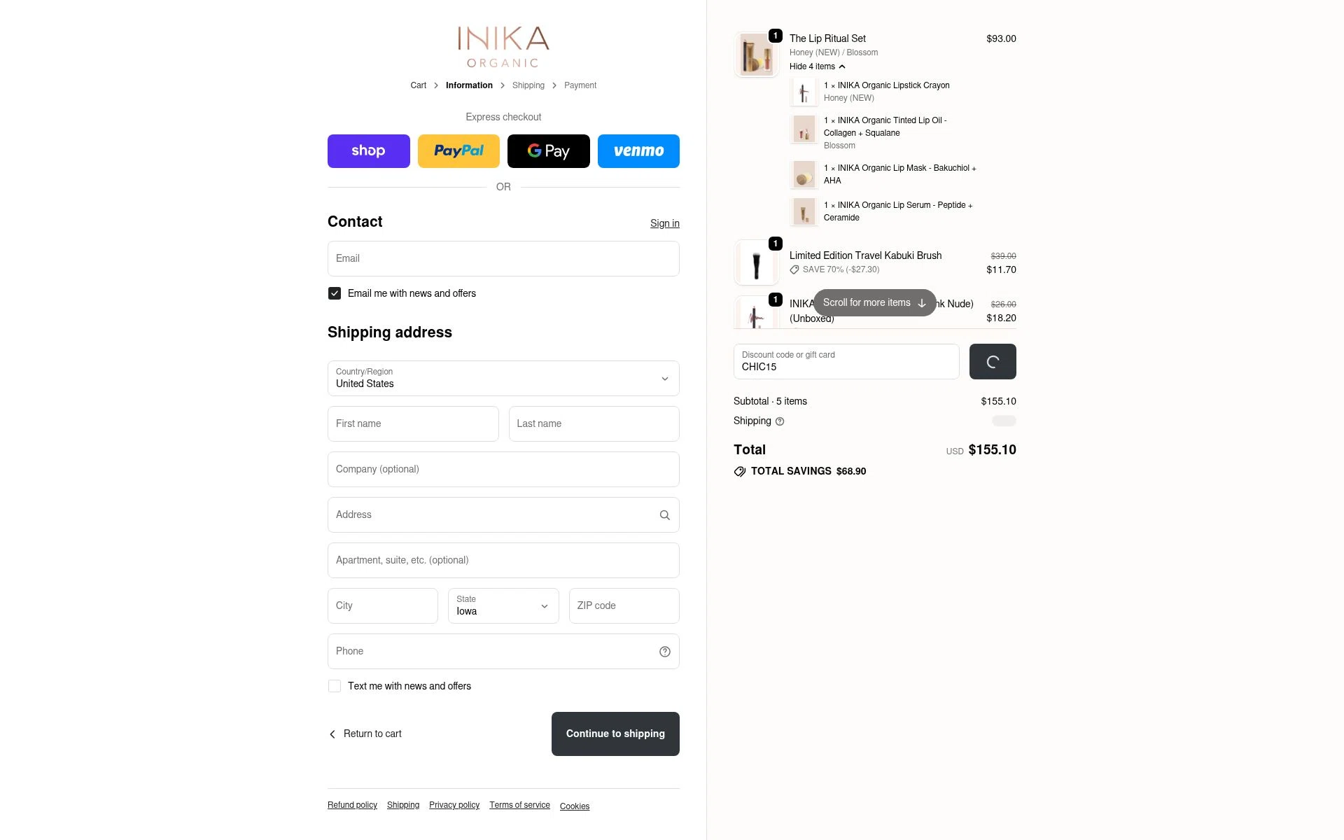 INIKA Organic US checkout page showing INIKA Organic US promo code box | Screenshot taken by SimplyCodes community member on Jan 3, 2026