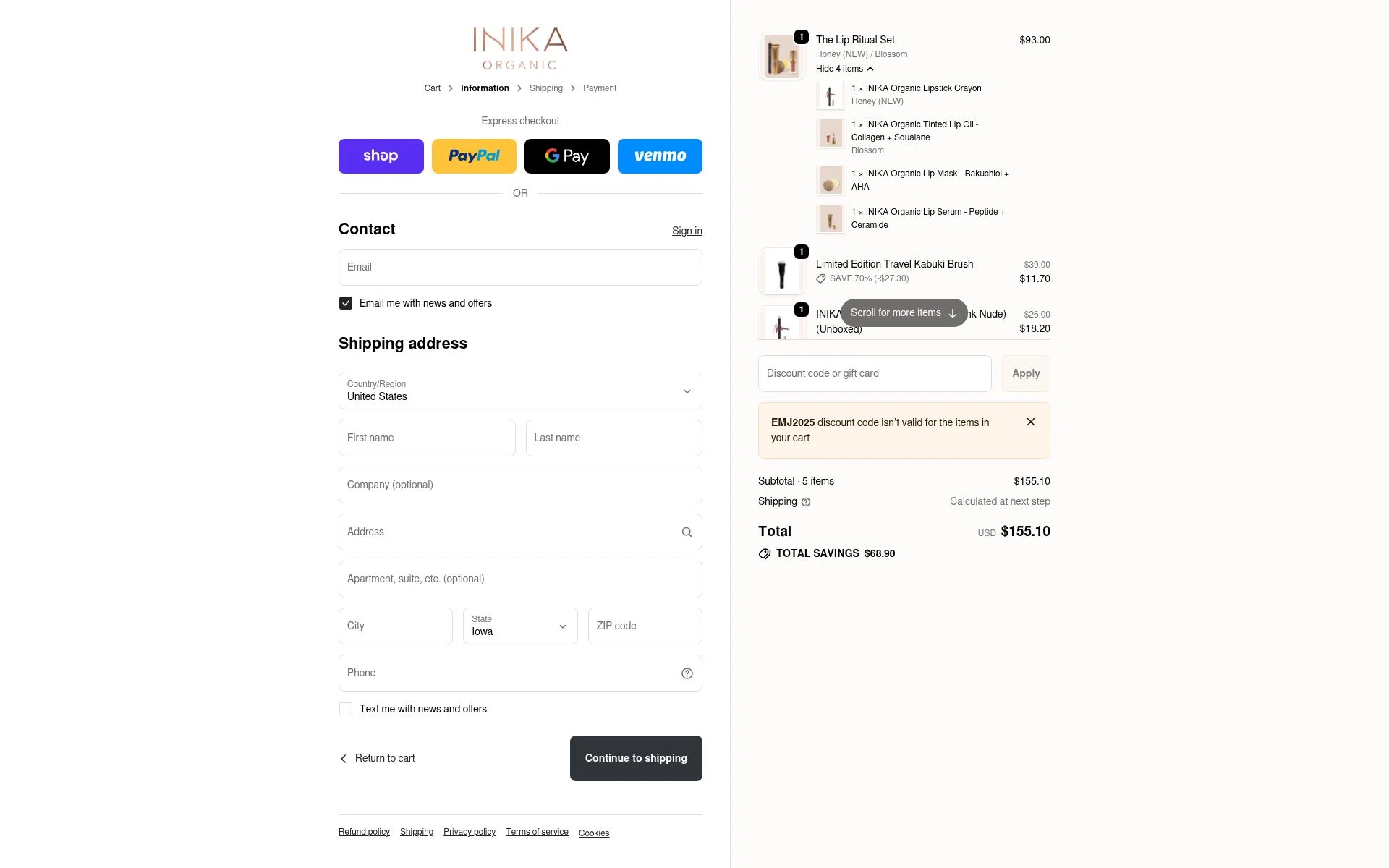 INIKA Organic US checkout page showing INIKA Organic US promo code box | Screenshot taken by SimplyCodes community member on Jan 3, 2026