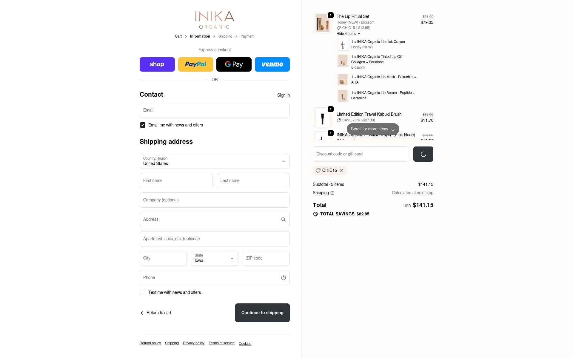 INIKA Organic US checkout page showing INIKA Organic US promo code box | Screenshot taken by SimplyCodes community member on Jan 8, 2026