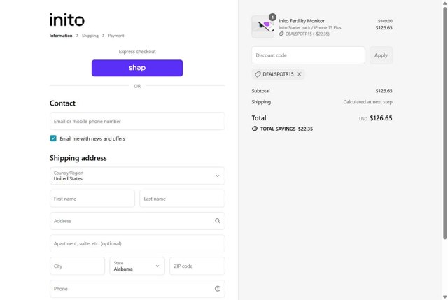 Inito checkout page showing Inito discount code box | Screenshot taken by SimplyCodes community member on Sep 1, 2025