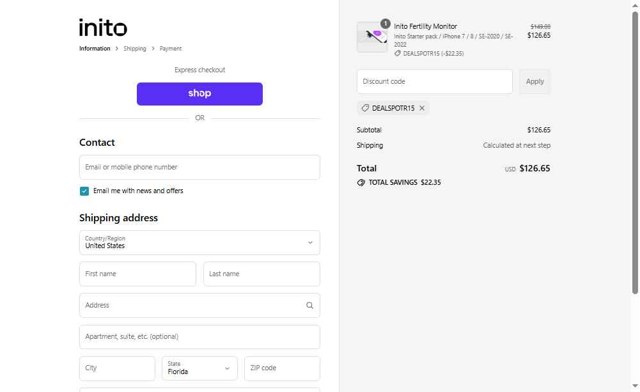 Inito checkout page showing Inito discount code box | Screenshot taken by SimplyCodes community member on Sep 2, 2025