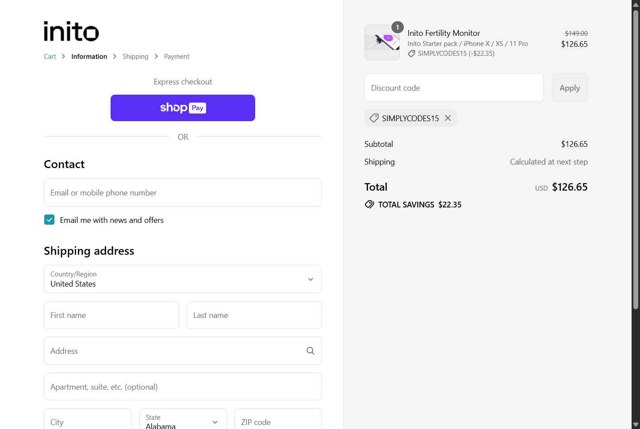 Inito checkout page showing Inito discount code box | Screenshot taken by SimplyCodes community member on Aug 25, 2025