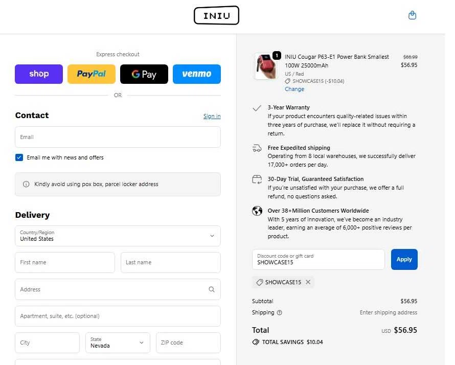 INIU Shop promo code screenshot showing code SHOWCASE15 applied at INIU Shop checkout page. Uploaded by SimplyCodes community member RewardNavigator613 on Nov 12, 2025
