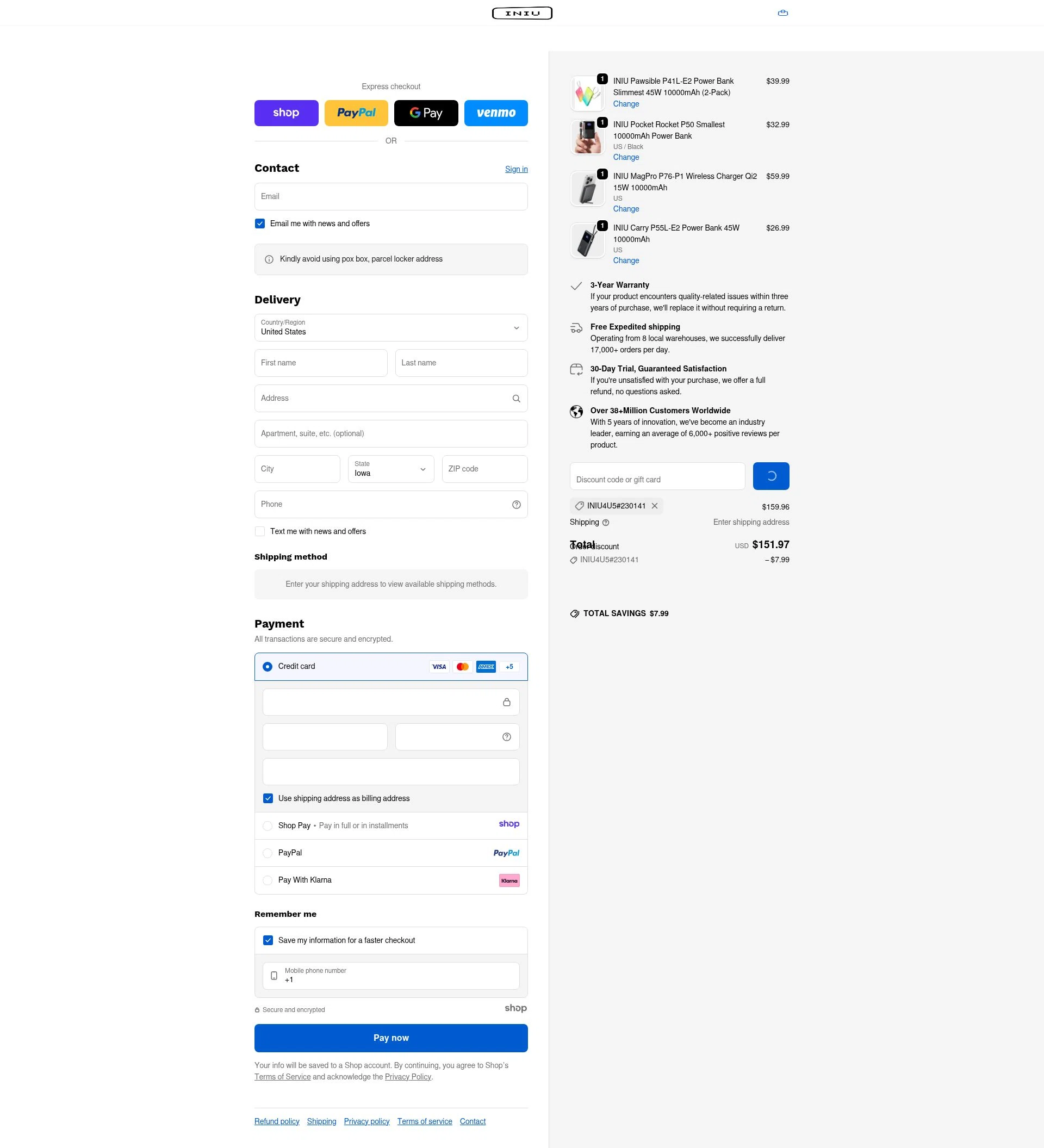 INIU Shop checkout page showing INIU Shop promo code box | Screenshot taken by SimplyCodes community member on Jan 5, 2026