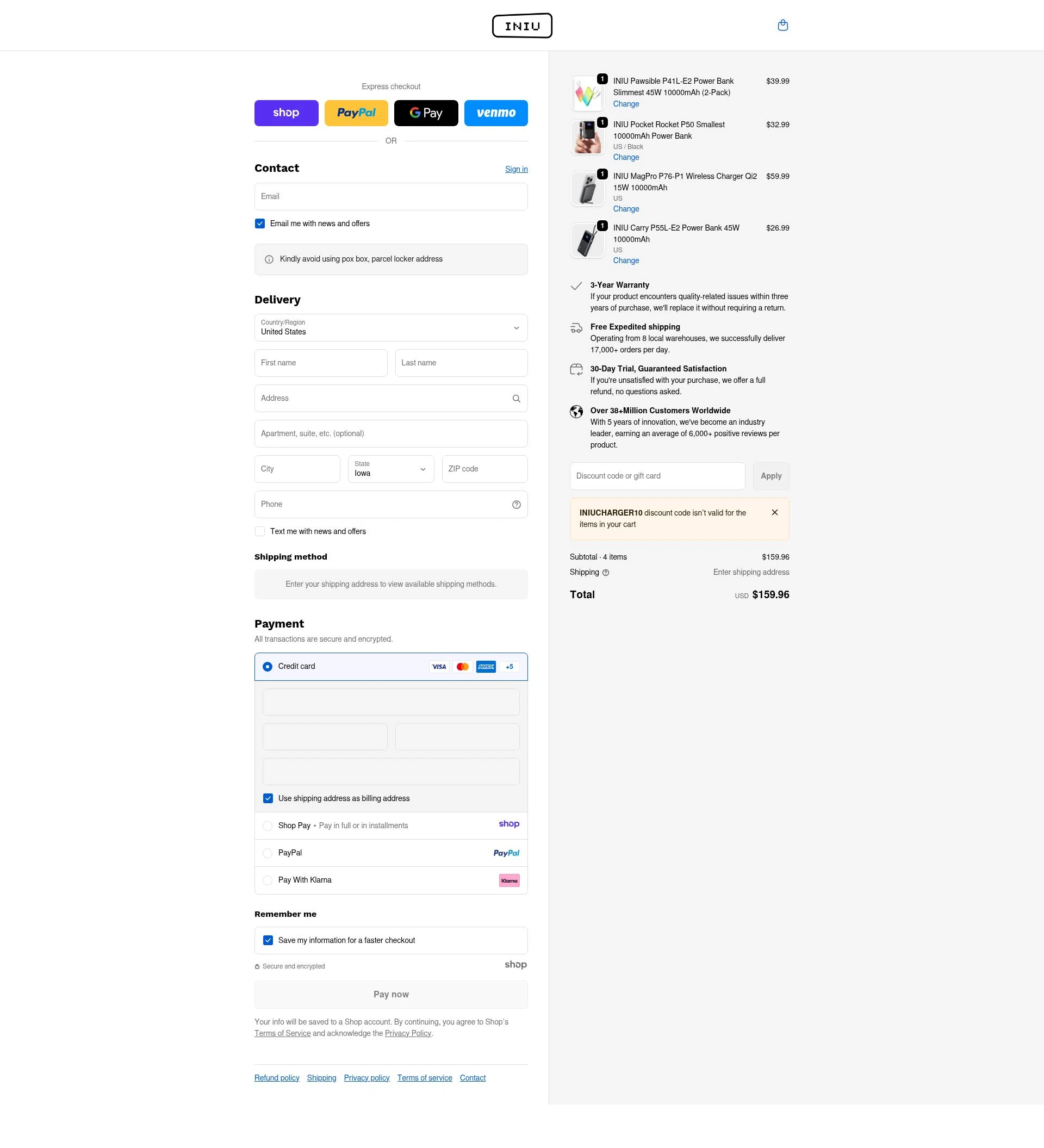 INIU Shop checkout page showing INIU Shop promo code box | Screenshot taken by SimplyCodes community member on Jan 5, 2026