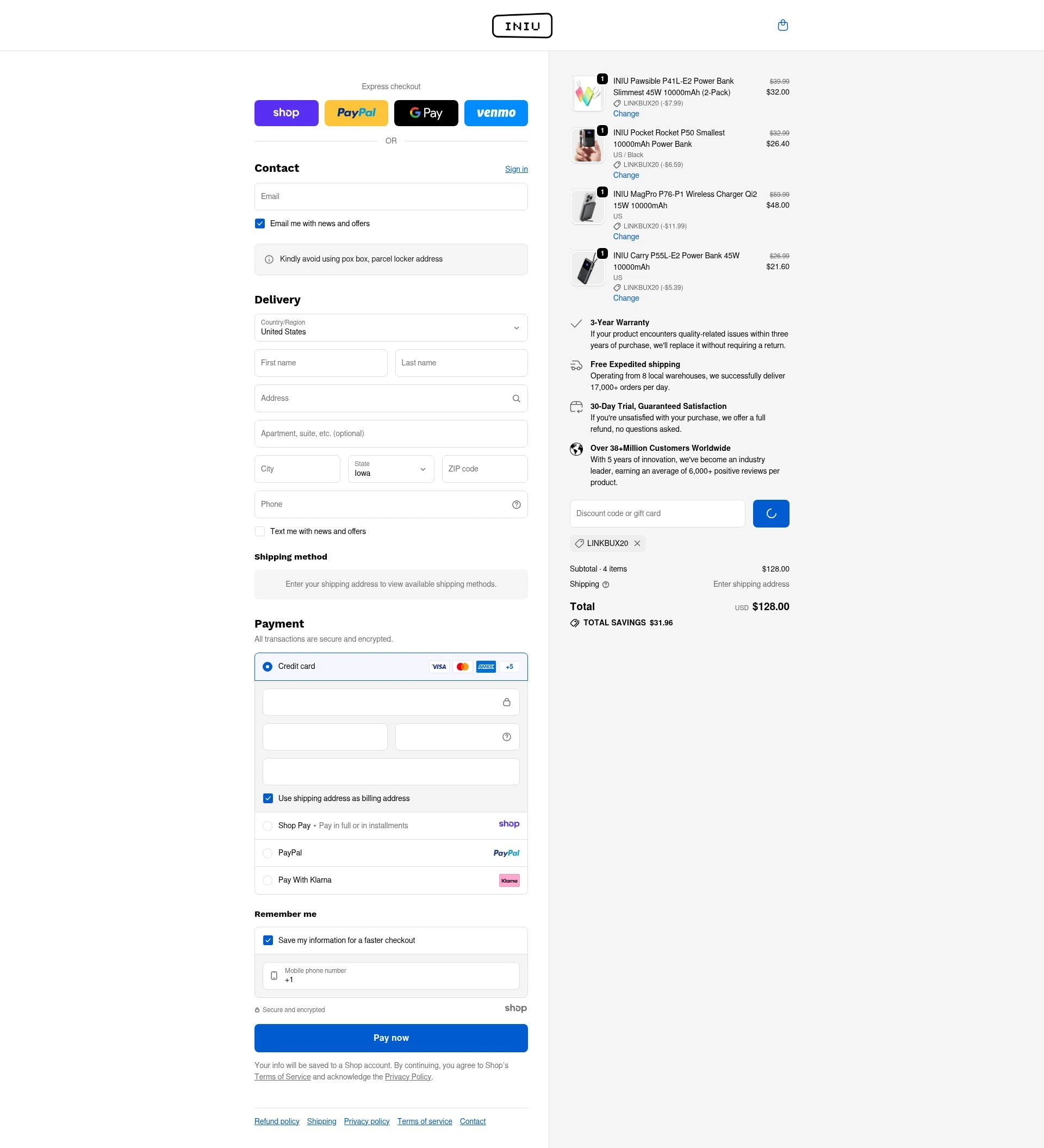 INIU Shop checkout page showing INIU Shop promo code box | Screenshot taken by SimplyCodes community member on Jan 5, 2026