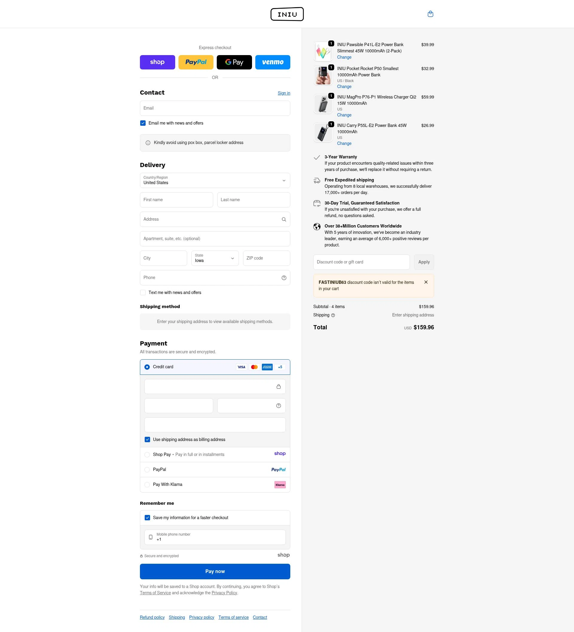 INIU Shop checkout page showing INIU Shop promo code box | Screenshot taken by SimplyCodes community member on Jan 5, 2026