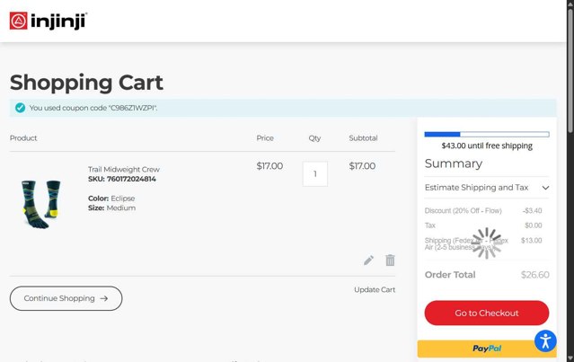Injinji checkout page showing Injinji discount code box | Screenshot taken by SimplyCodes community member on Aug 1, 2025