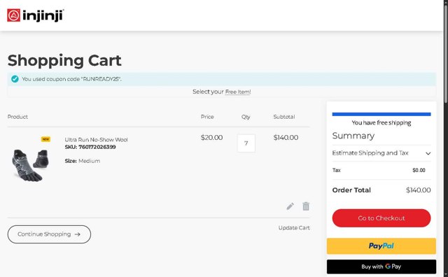 Injinji checkout page showing Injinji discount code box | Screenshot taken by SimplyCodes community member on Jun 4, 2025