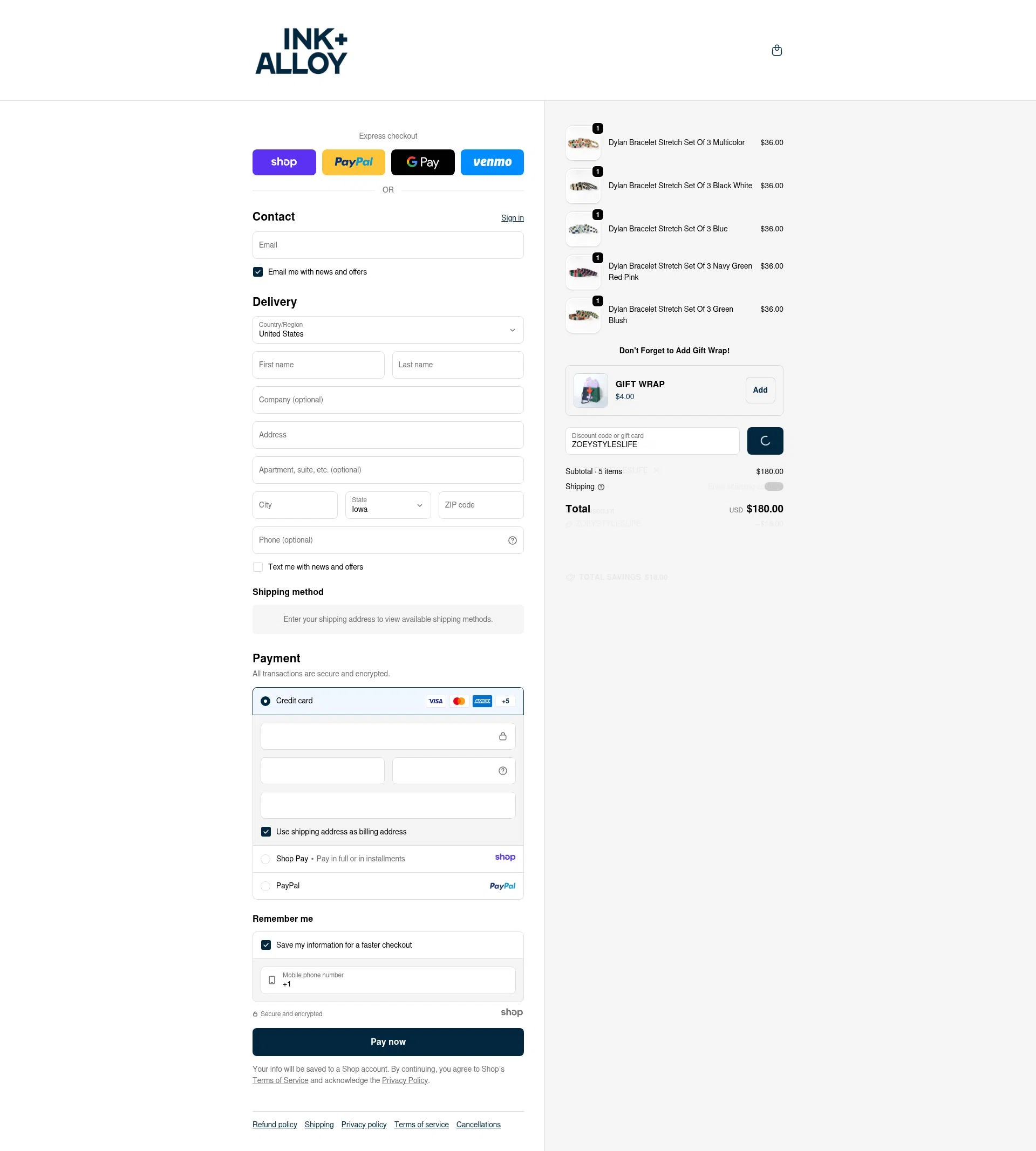 Ink + Alloy checkout page showing Ink + Alloy coupon code box | Screenshot taken by SimplyCodes community member on Dec 31, 2025