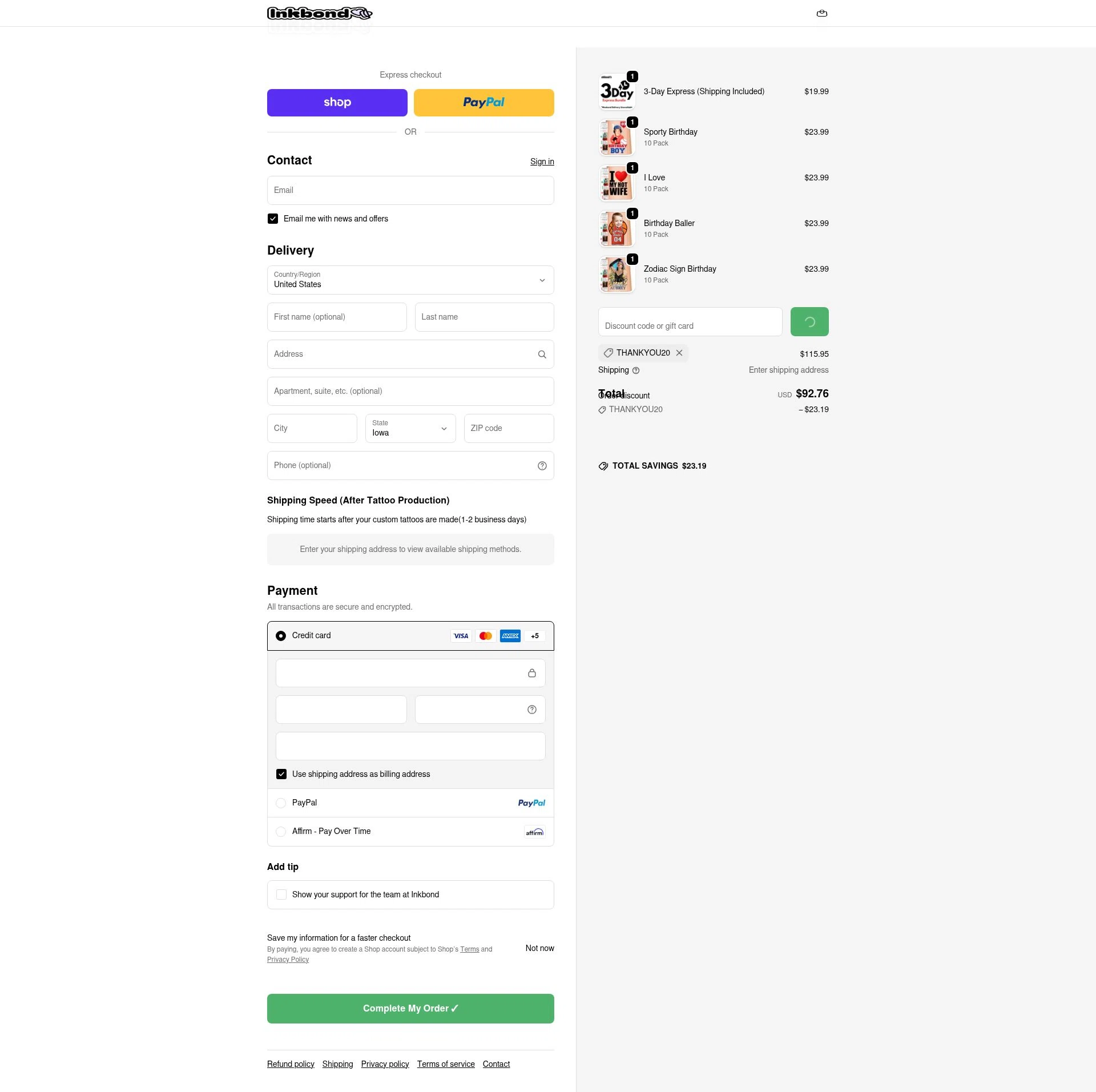 Inkbond checkout page showing Inkbond coupon code box | Screenshot taken by SimplyCodes community member on Feb 18, 2026