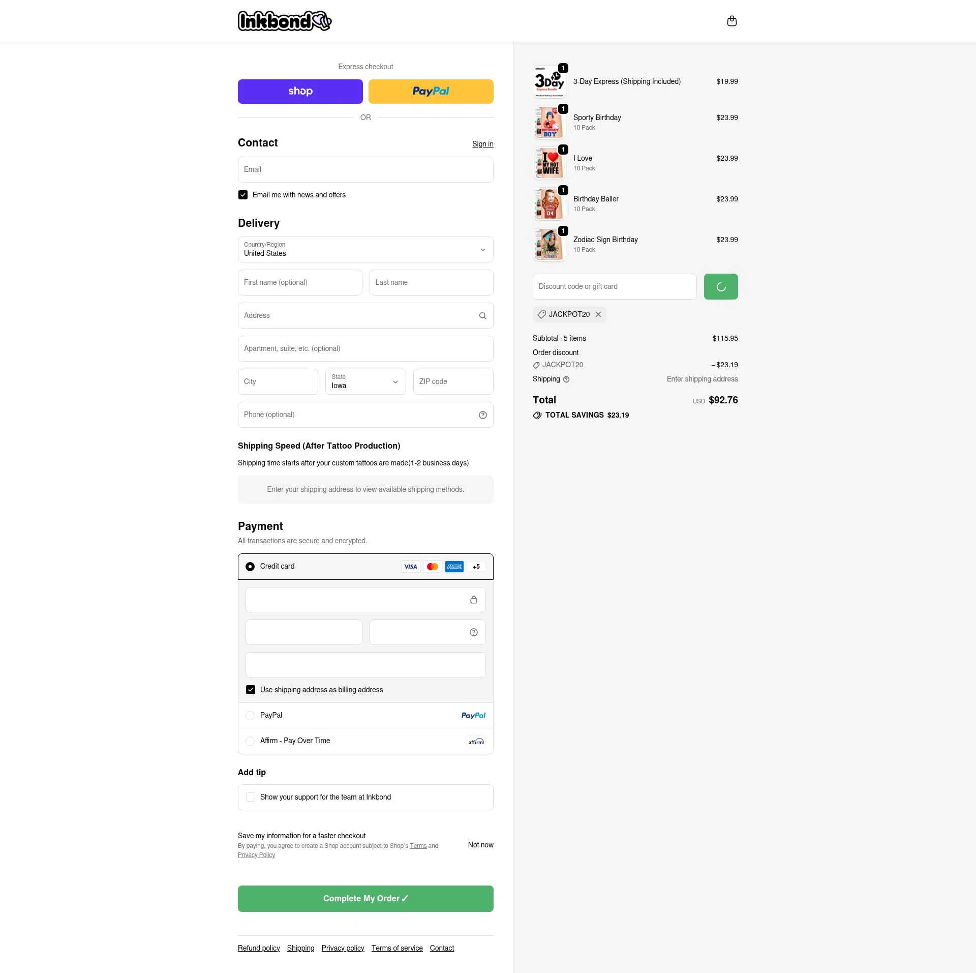 Inkbond checkout page showing Inkbond coupon code box | Screenshot taken by SimplyCodes community member on Feb 18, 2026