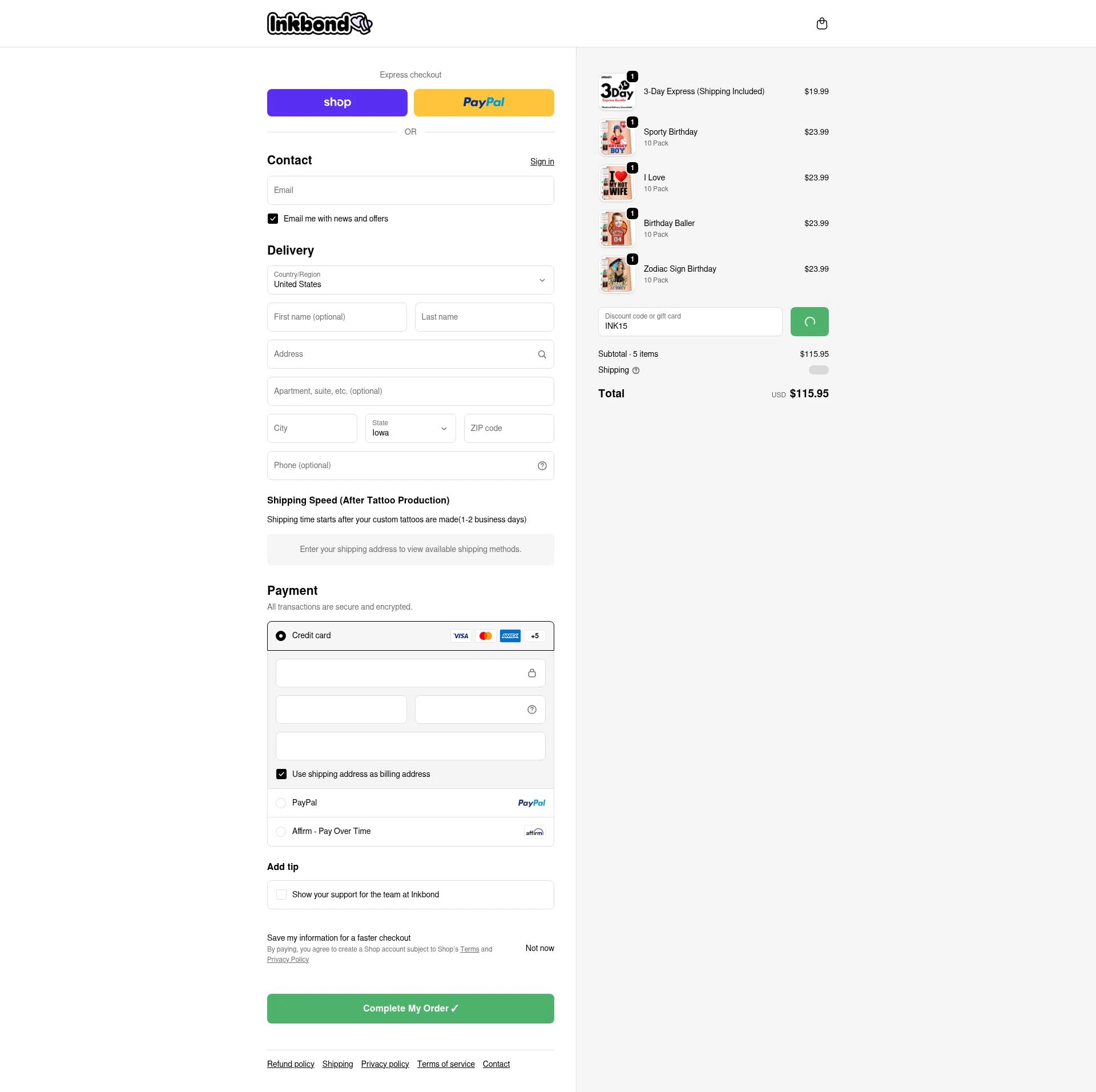 Inkbond checkout page showing Inkbond coupon code box | Screenshot taken by SimplyCodes community member on Feb 18, 2026