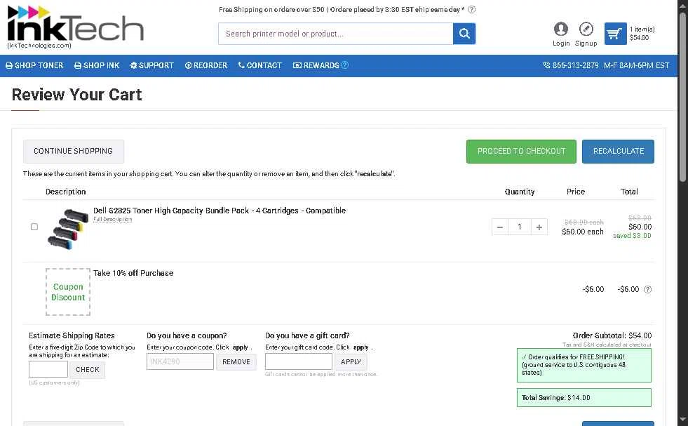 Ink Technologies checkout page showing Ink Technologies coupon code box | Screenshot taken by SimplyCodes community member on Jan 22, 2026