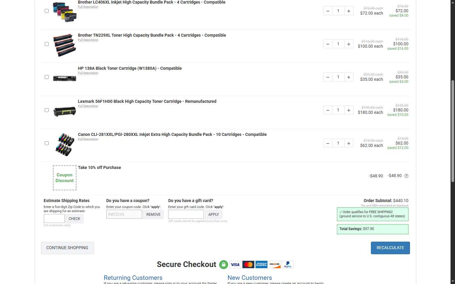 Ink Technologies checkout page showing Ink Technologies coupon code box | Screenshot taken by SimplyCodes community member on Dec 11, 2025