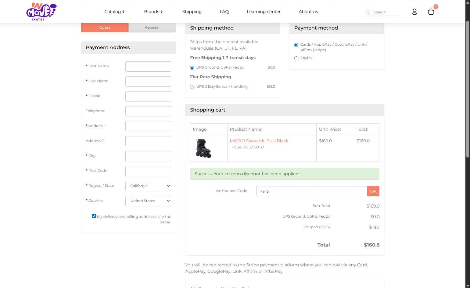 InMove Skates checkout page showing InMove Skates promo code box | Screenshot taken by SimplyCodes community member on Aug 19, 2025