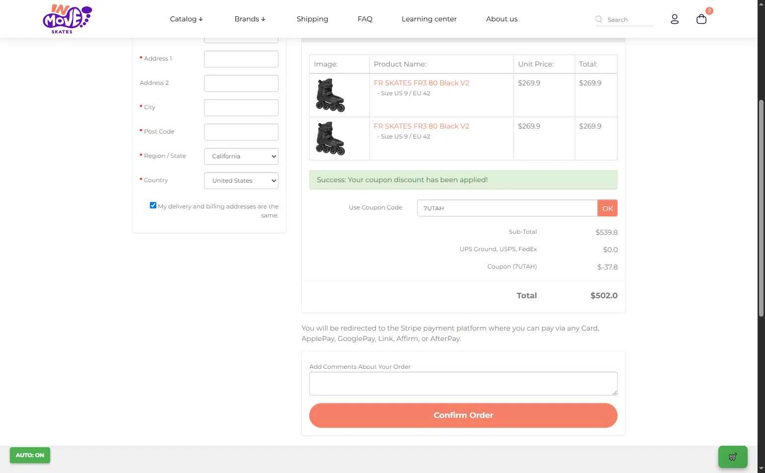InMove Skates checkout page showing InMove Skates promo code box | Screenshot taken by SimplyCodes community member on Oct 13, 2025