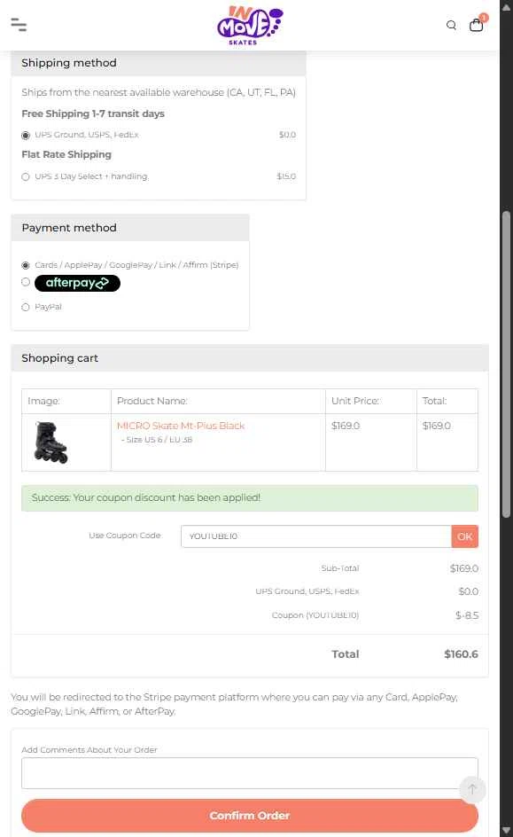 InMove Skates checkout page showing InMove Skates promo code box | Screenshot taken by SimplyCodes community member on Jul 10, 2025