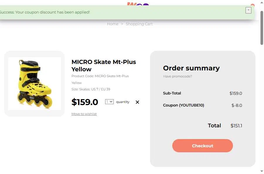 InMove Skates checkout page showing InMove Skates promo code box | Screenshot taken by SimplyCodes community member on Jan 26, 2026