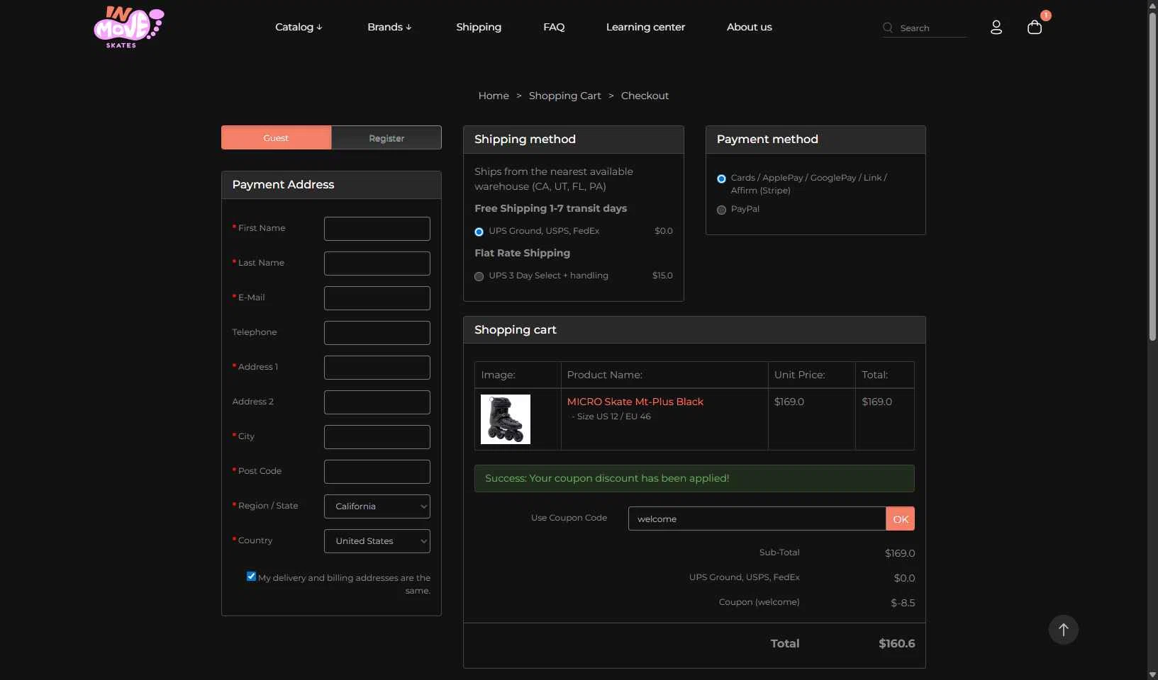 InMove Skates checkout page showing InMove Skates promo code box | Screenshot taken by SimplyCodes community member on Oct 12, 2025